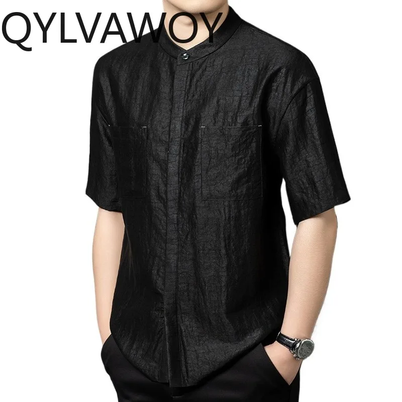 QYLVAWOY 100% Mulberry Silk Men's Shirts Black Shirt Short Sleeve Shirts for Man Summer Tops Stand Collar T Shirt Homme Camisas
QYLVAWOY 100% Mulberry Silk Men's Shirts Black Shirt Short Sleeve Shirts for Man Summer Tops Stand Collar T Shirt Homme Camisas