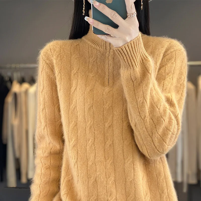 Autumn and Winter New Sweater Women's 100% Merino Wool High Collar Knitted Pullover Loose Fashion Half Open Collar Top
Autumn and Winter New Sweater Women's 100% Merino Wool High Collar Knitted Pullover Loose Fashion Half Open Collar Top