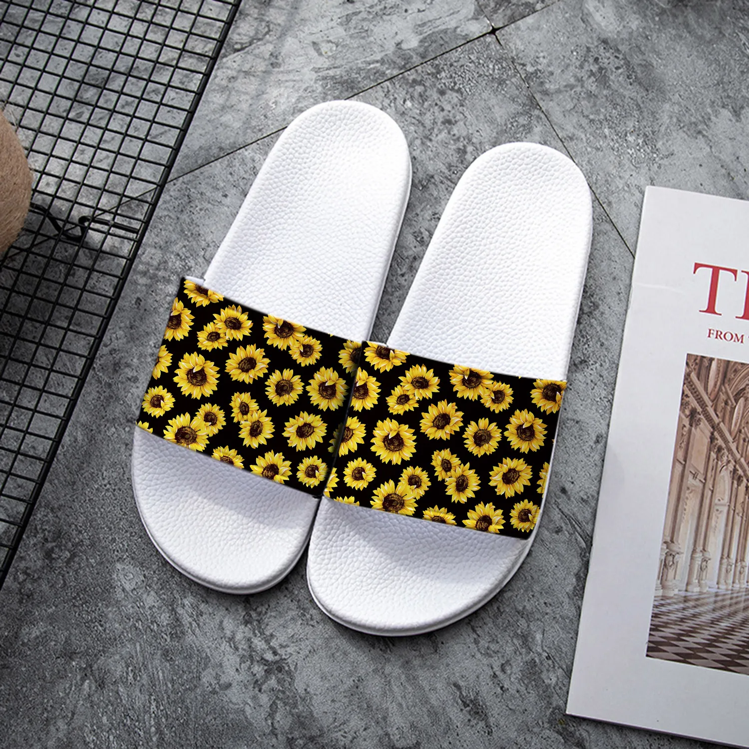 Women’s Sunflower Print PVC Slides - Stylish Summer Indoor/Outdoor Slippers, White with Yellow & Black Floral Design
Women’s Sunflower Print PVC Slides - Stylish Summer Indoor/Outdoor Slippers, White with Yellow & Black Floral Design