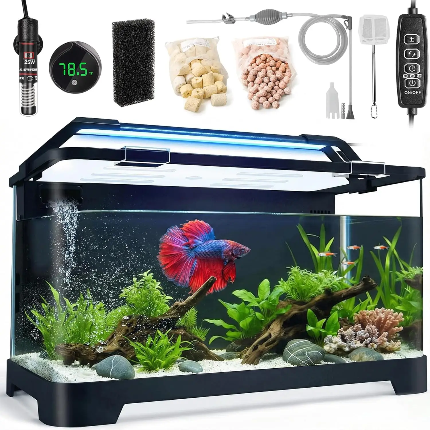 All-in-One 3.5 Gal Betta Fish Tank Kit with Filter, Heater, LED Light & Water Changer
All-in-One 3.5 Gal Betta Fish Tank Kit with Filter, Heater, LED Light & Water Changer