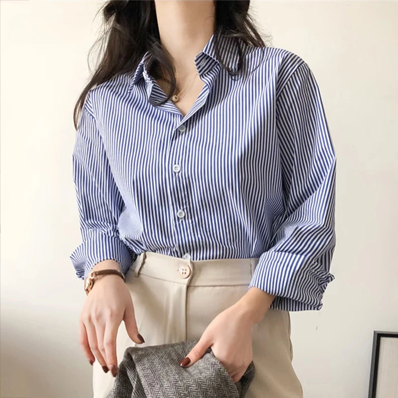 Classic Striped Woman Spring Autumn Blouses Shirt Lady Long Lantern Sleeve Stand Collar Loose Blusas Tops
Classic Striped Woman Spring Autumn Blouses Shirt Lady Long Lantern Sleeve Stand Collar Loose Blusas Tops