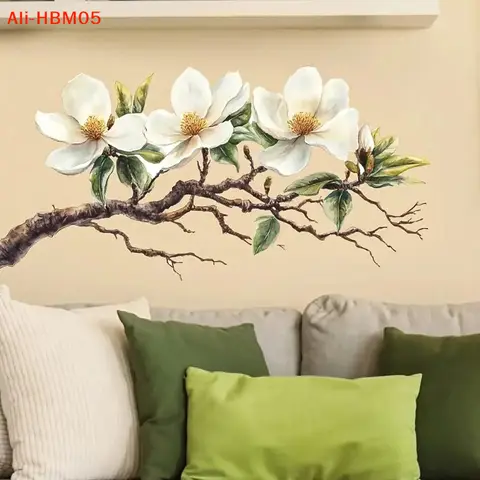 (HB05)1pc Elegant White Magnolia Blossom Wall Decal Self-Adhesive Removable Sticker Perfect For Living Room