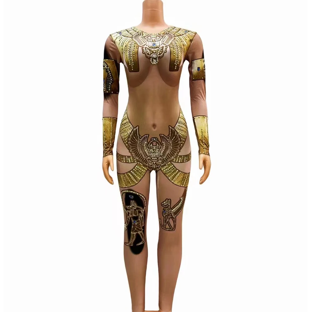 Women Sexy Stage Nude Skin Gold Print Rhinestone Jumpsuit Birthday Performance Leotard Dance Costume Party Show Stage Wear
Women Sexy Stage Nude Skin Gold Print Rhinestone Jumpsuit Birthday Performance Leotard Dance Costume Party Show Stage Wear