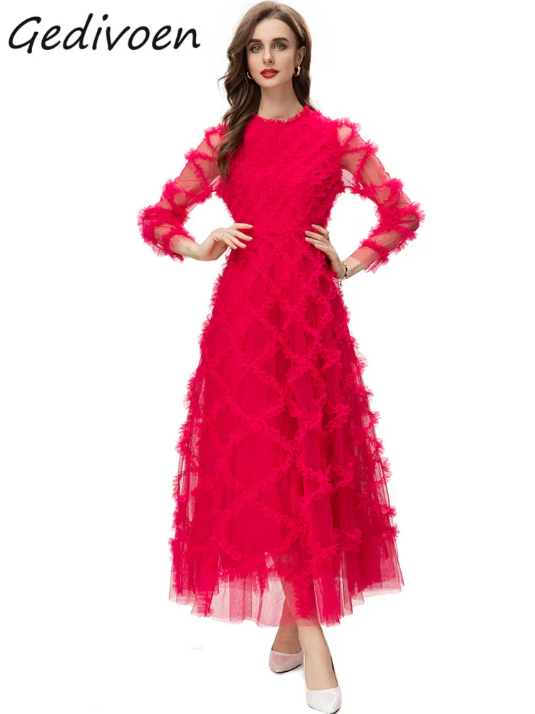 Gedivoen Autumn Fashion Designer Red Vintage Party Dress Women O Neck Long Sleeve Mesh Ruffles High Waist Slim A-LINE Long Dress
Gedivoen Autumn Fashion Designer Red Vintage Party Dress Women O Neck Long Sleeve Mesh Ruffles High Waist Slim A-LINE Long Dress