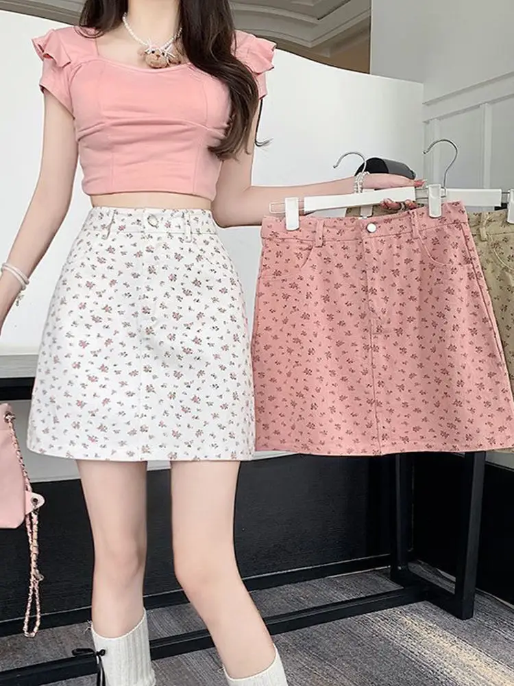Summer High Waist Slimming Floral Print Denim Skirt Women's A-Line Short Skirts Korean Style Commute Pure Color
Summer High Waist Slimming Floral Print Denim Skirt Women's A-Line Short Skirts Korean Style Commute Pure Color