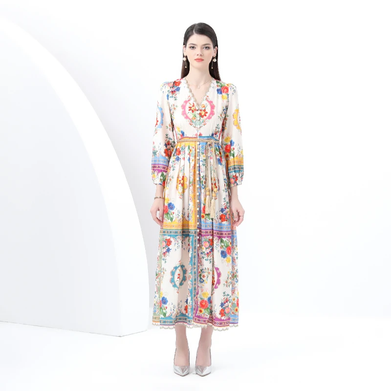 Spring Summer Women V-neck Vintage Print Single Breasted Long Maxi Holiday Beach Dresses With Belt
Spring Summer Women V-neck Vintage Print Single Breasted Long Maxi Holiday Beach Dresses With Belt