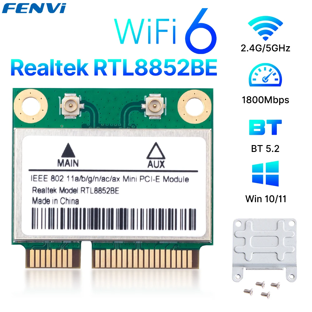 Сетевая карта fenvi WiFi 6 RTL8852BE Mini PCI-E Blue-tooth 5,2 AX1800, двухдиапазонный беспроводной адаптер Wlan 2,4G/5 ГГц для Windows 10/11
Сетевая карта fenvi WiFi 6 RTL8852BE Mini PCI-E Blue-tooth 5,2 AX1800, двухдиапазонный беспроводной адаптер Wlan 2,4G/5 ГГц для Windows 10/11