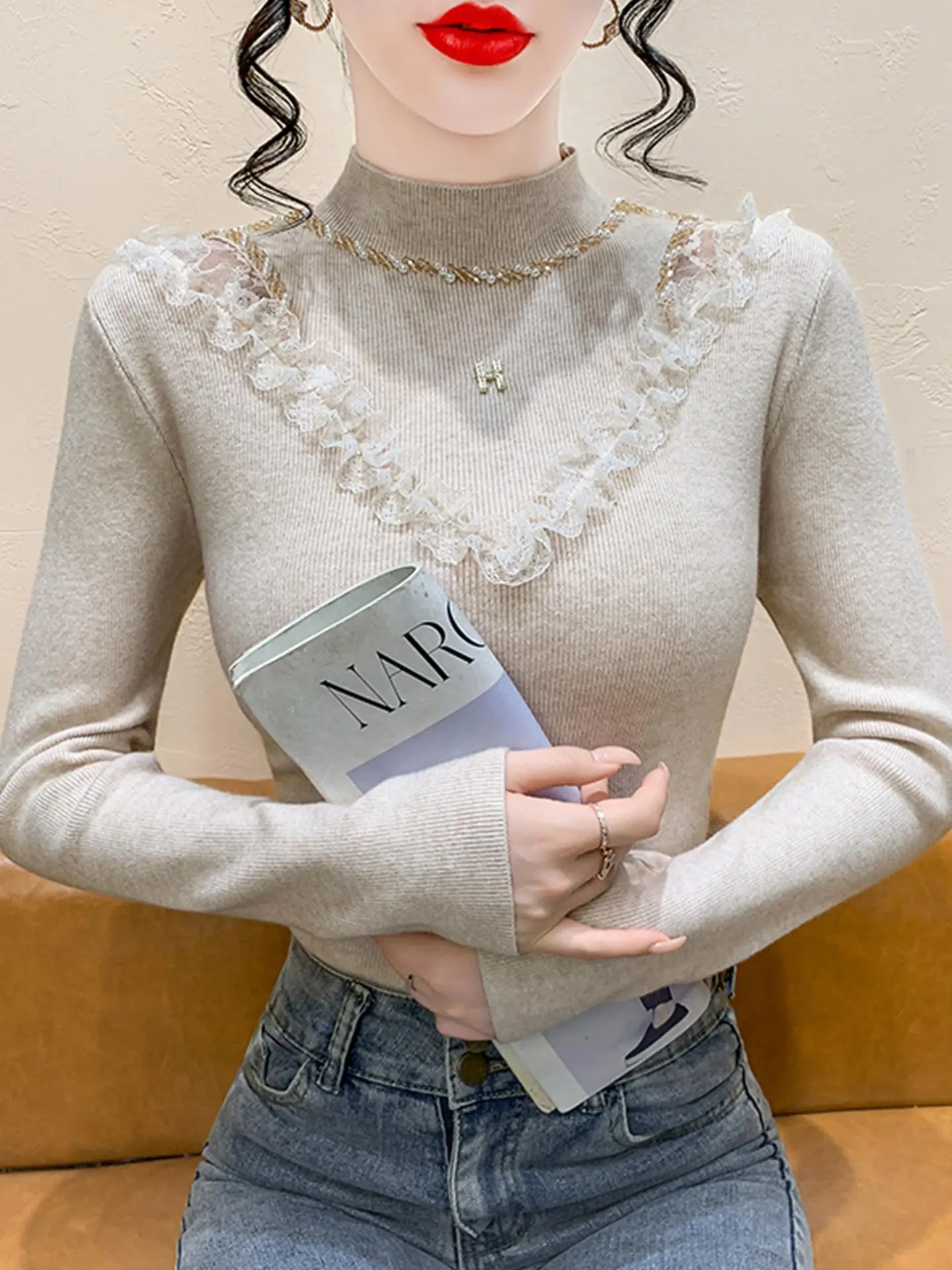 Lace Trim Splicing Hollow Bead Knitted Sweater Women's Autumn Winter f High Collar Slim Fit Base irt Inner Wear Knitwear
Lace Trim Splicing Hollow Bead Knitted Sweater Women's Autumn Winter f High Collar Slim Fit Base irt Inner Wear Knitwear