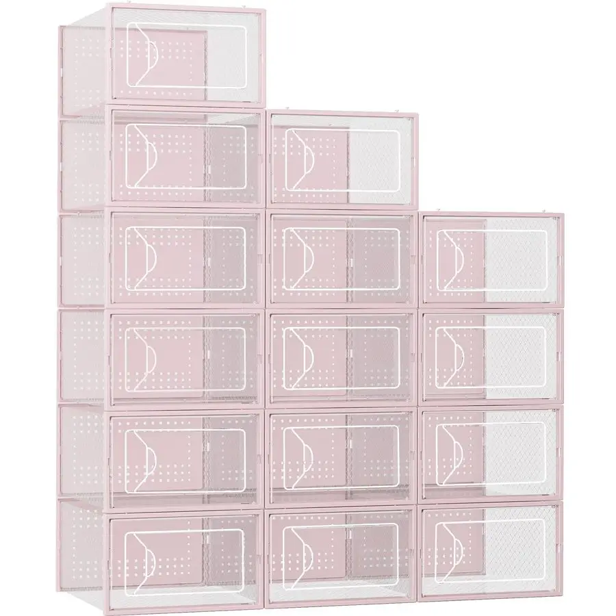 Shoe Storage Box, 15 Pack Clear Plastic Stackable Shoe Organizer for Closet, Interlocking Design Shoe Container Bins for Sneaker