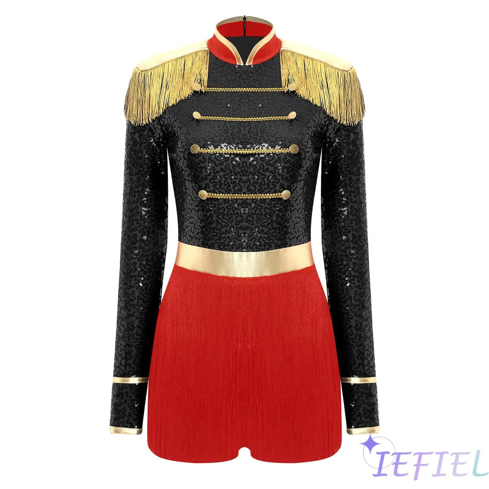 Womens Circus Ringmaster Sequin Jumpsuit Tassel Epaulet Gold Trim Button Decor Rompers Bodysuit for Halloween Masquerade Party
Womens Circus Ringmaster Sequin Jumpsuit Tassel Epaulet Gold Trim Button Decor Rompers Bodysuit for Halloween Masquerade Party
