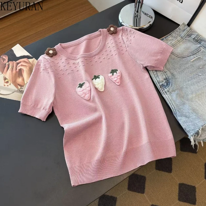 Летние вязаные пуловеры с милой клубничной аппликацией, женский свитер, кавайная одежда, трикотаж с круглым вырезом и короткими рукавами, топы Y2k, женский джемпер 
Летние вязаные пуловеры с милой клубничной аппликацией, женский свитер, кавайная одежда, трикотаж с круглым вырезом и короткими рукавами, топы Y2k, женский джемпер