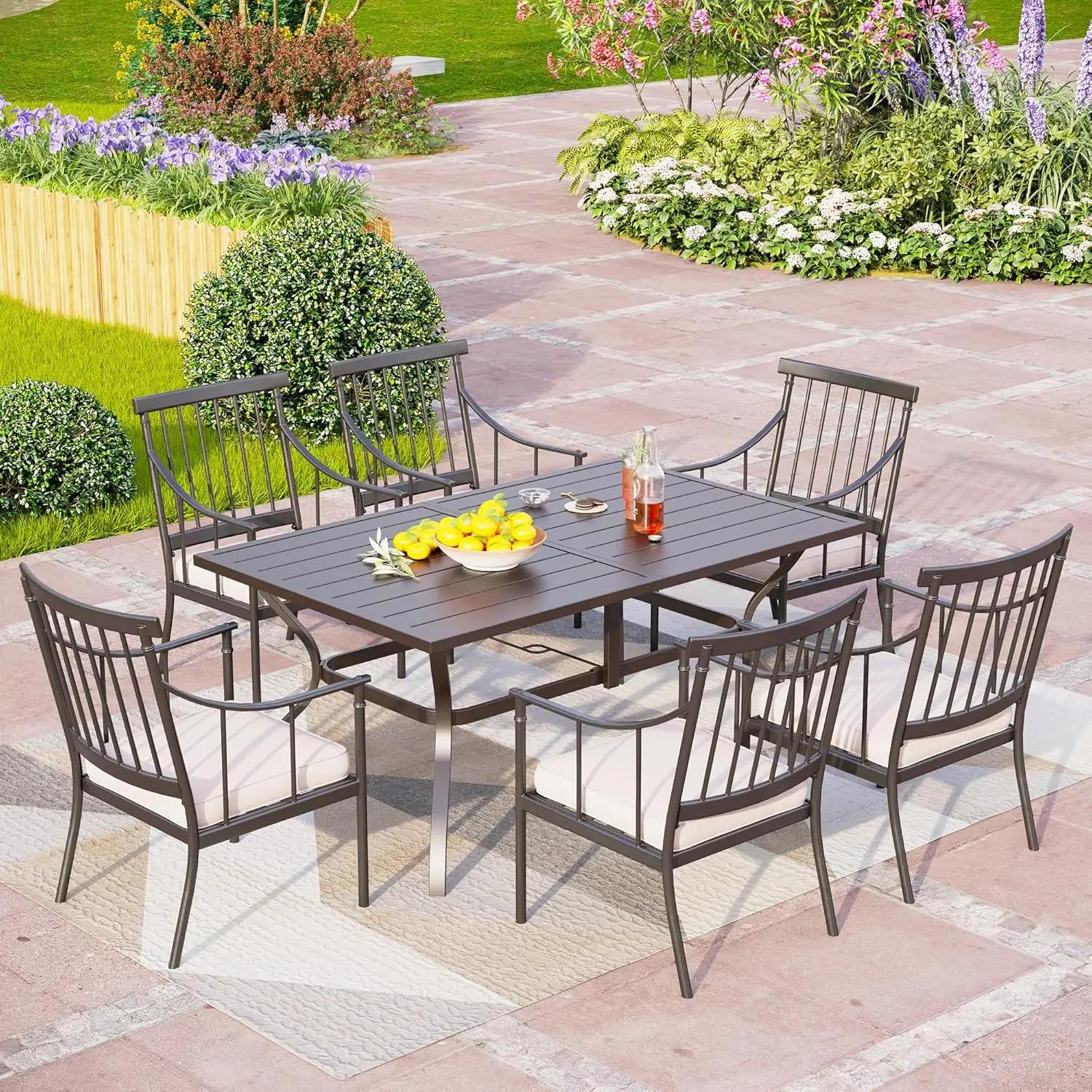 7 Piece Outdoor Dining Set with Cushion, 60” Rectangular Metal Dining Table with Umbrella Hole & 6 Cushioned Iron Chairs
7 Piece Outdoor Dining Set with Cushion, 60” Rectangular Metal Dining Table with Umbrella Hole & 6 Cushioned Iron Chairs