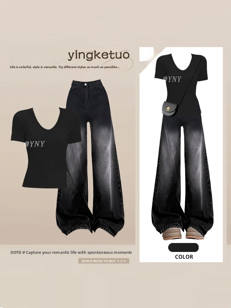 Slimming High Waist Wide Leg Jeans Short Sleeve Black Split T-Shirt Women's Summer Fashion Set Casual Chic American Style
Slimming High Waist Wide Leg Jeans Short Sleeve Black Split T-Shirt Women's Summer Fashion Set Casual Chic American Style