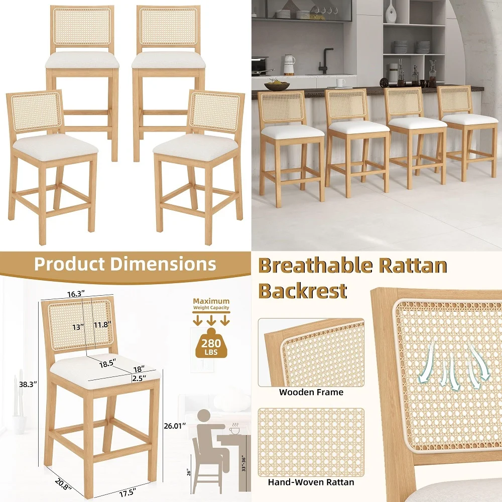 Rattan Bar Stools Set of 4, 26 Farmhouse Counter Height Stools with Natural Rattan Back and Wood Frame, Upholstered Line Fabric
Rattan Bar Stools Set of 4, 26 Farmhouse Counter Height Stools with Natural Rattan Back and Wood Frame, Upholstered Line Fabric