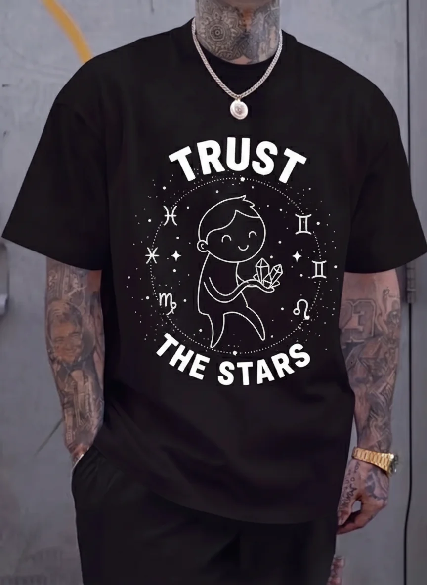 Astrology Graphic Tee Trust the Stars Printed Tee Black Cartoon Crystal Design Zodiac Symbols Starry Circle Illustration Cute
Astrology Graphic Tee Trust the Stars Printed Tee Black Cartoon Crystal Design Zodiac Symbols Starry Circle Illustration Cute