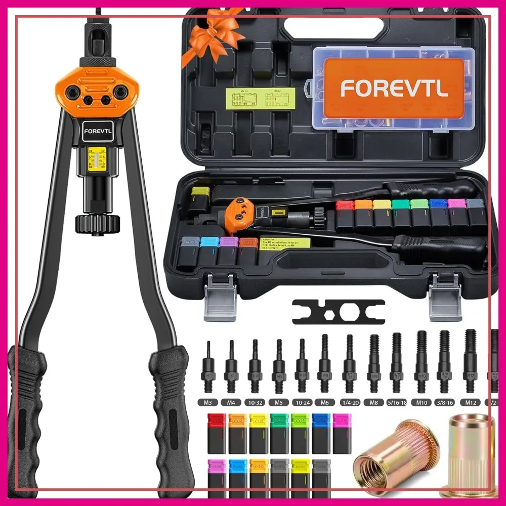 Rivet Nut Tool Kit, 16-Inch Manual Nutsert Tool with 13 Mandrels & 150 Rivnuts for Auto and Metal Repairs
Rivet Nut Tool Kit, 16-Inch Manual Nutsert Tool with 13 Mandrels & 150 Rivnuts for Auto and Metal Repairs
