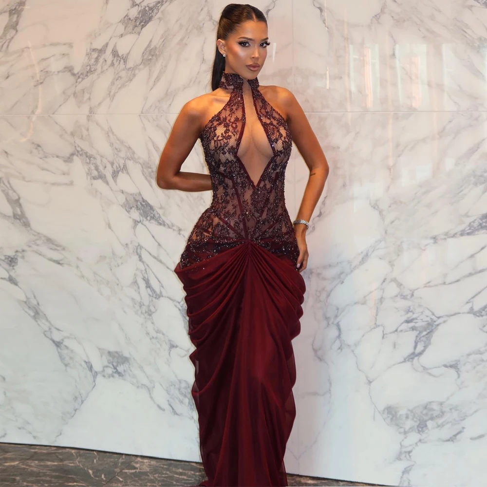 Customized Modest Draped Evening Dress Halter Lace with Beaded Special Occasion Dresses Burgundy Chiffon Birthday Party Gown
Customized Modest Draped Evening Dress Halter Lace with Beaded Special Occasion Dresses Burgundy Chiffon Birthday Party Gown