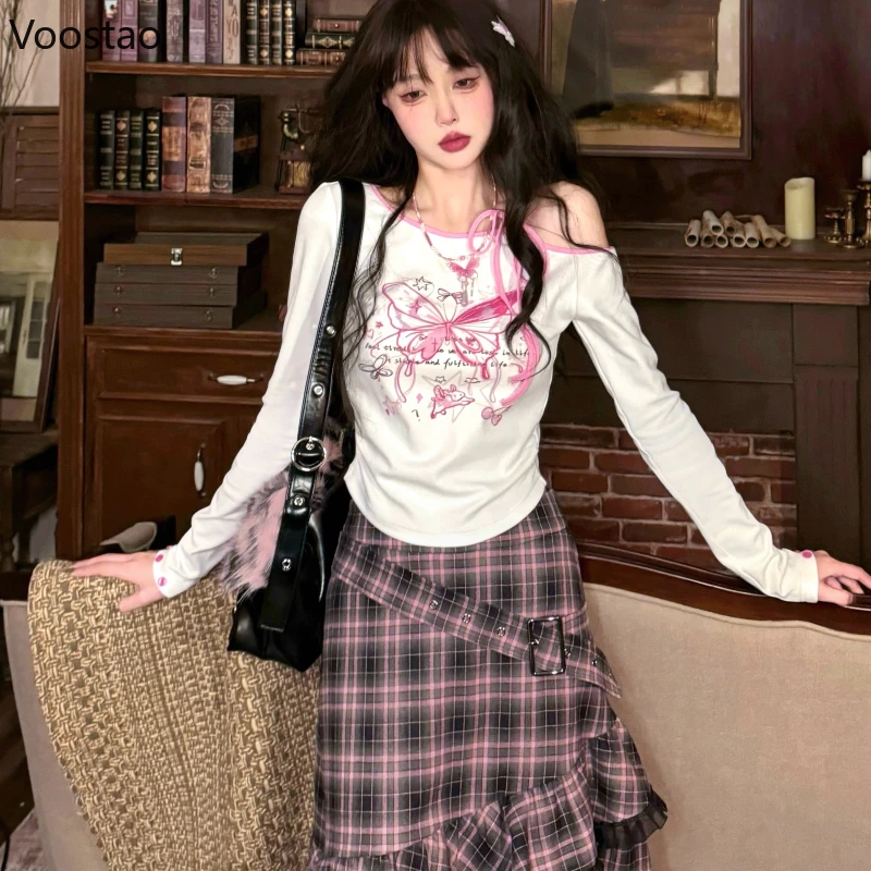Sweet Y2k Aesthetic Skirt Set Women Harajuku Butterfly Print T-Shirt Ruffles Plaid Long Skirt 2 Piece Set Female Vintage Outfits
Sweet Y2k Aesthetic Skirt Set Women Harajuku Butterfly Print T-Shirt Ruffles Plaid Long Skirt 2 Piece Set Female Vintage Outfits