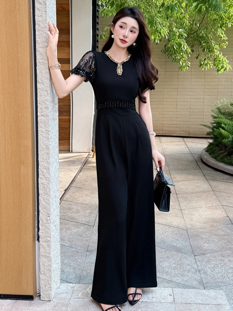 Women Luxury Black Sheer Lace Short Sleeve Jumpsuit High Waist Loose Wide Leg Long Rompers Formal Office Lady Work Casual Summer
Women Luxury Black Sheer Lace Short Sleeve Jumpsuit High Waist Loose Wide Leg Long Rompers Formal Office Lady Work Casual Summer