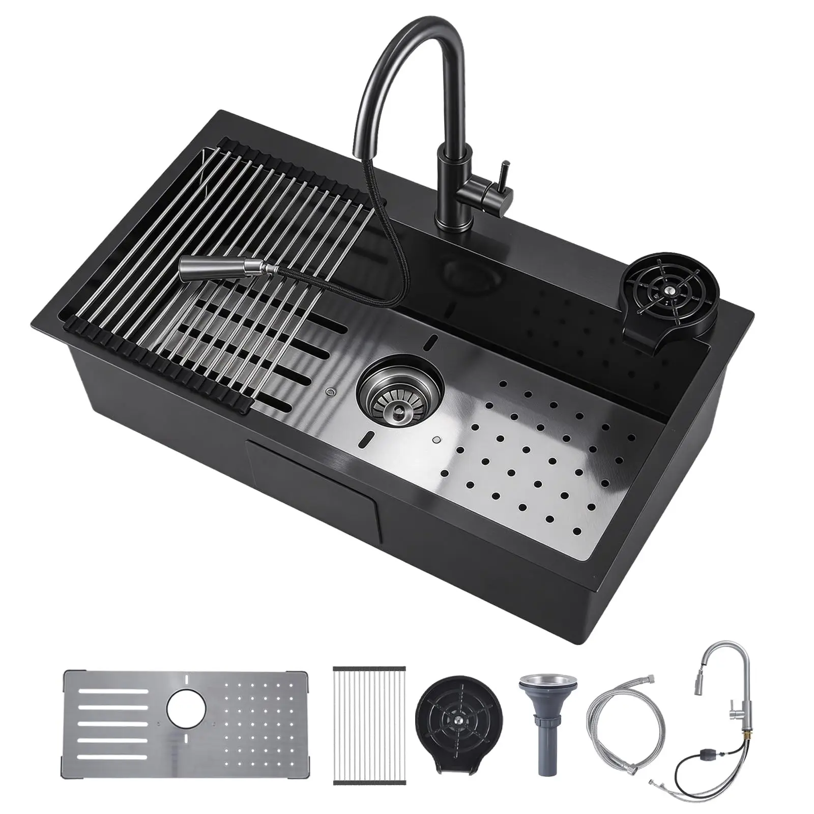 33 Inch Single Bowl Drop In Kitchen Sink With Pull Down Faucet And Accessories Gunmetal
33 Inch Single Bowl Drop In Kitchen Sink With Pull Down Faucet And Accessories Gunmetal