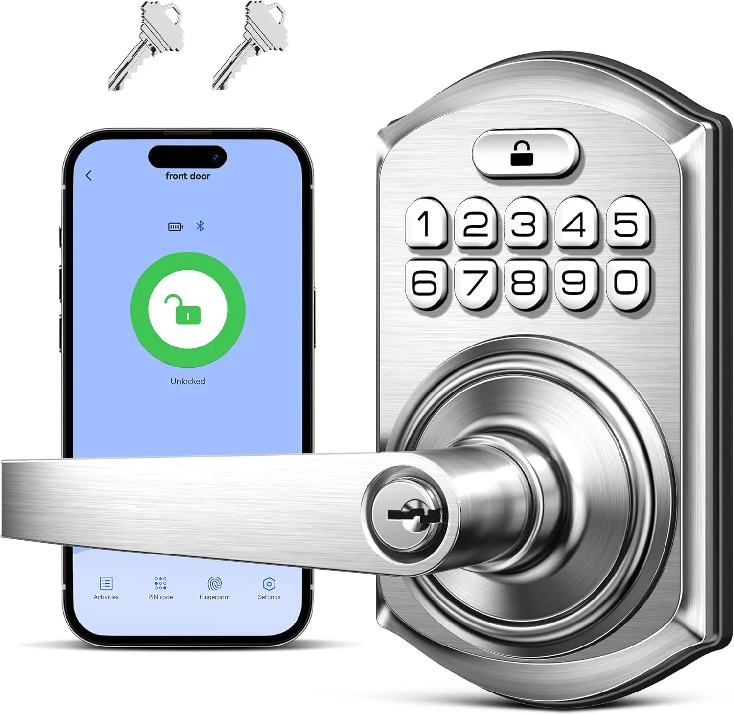Smart Keypad Door Lock with Handle, App Control, Keyless Entry, Auto Lock, Passage Mode, for Interior Door, Satin Nickel