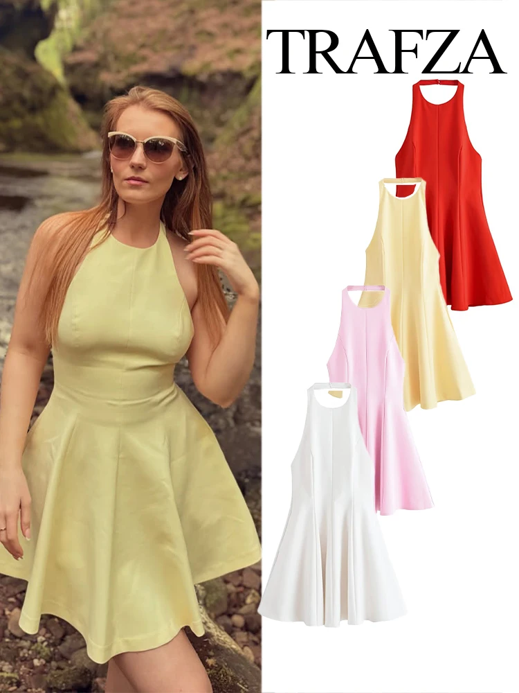TRAFZA Women Summer Fashion Solid Halter Neck Zipper Backless Beach Party Dress Female Chic Sexy Sleeveless Backless Mini Dress
TRAFZA Women Summer Fashion Solid Halter Neck Zipper Backless Beach Party Dress Female Chic Sexy Sleeveless Backless Mini Dress