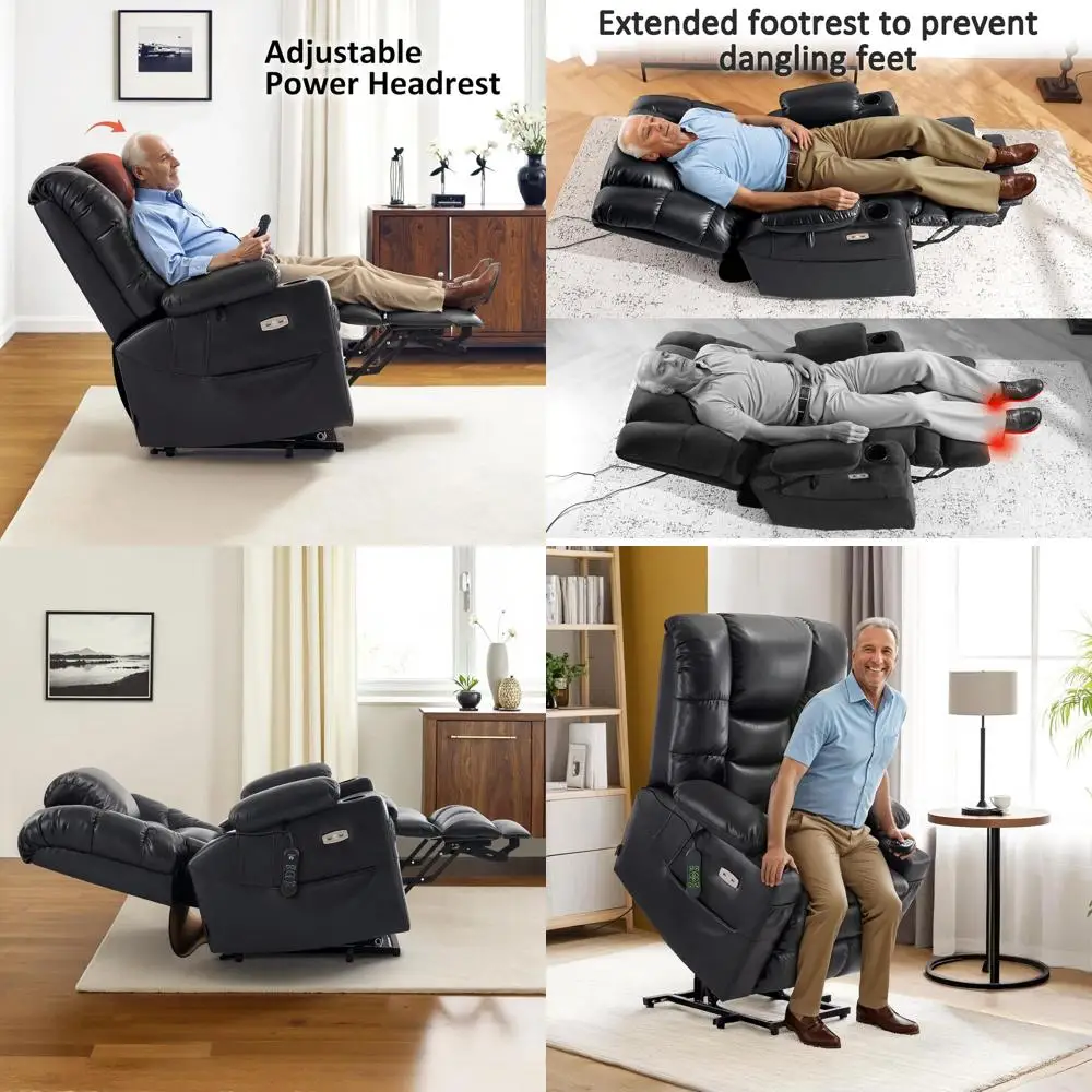 Triple Motor Power Recliner with Massage, Heating, Adjustable Rest for Tall Elderly, Black Leather Large Chair
Triple Motor Power Recliner with Massage, Heating, Adjustable Rest for Tall Elderly, Black Leather Large Chair