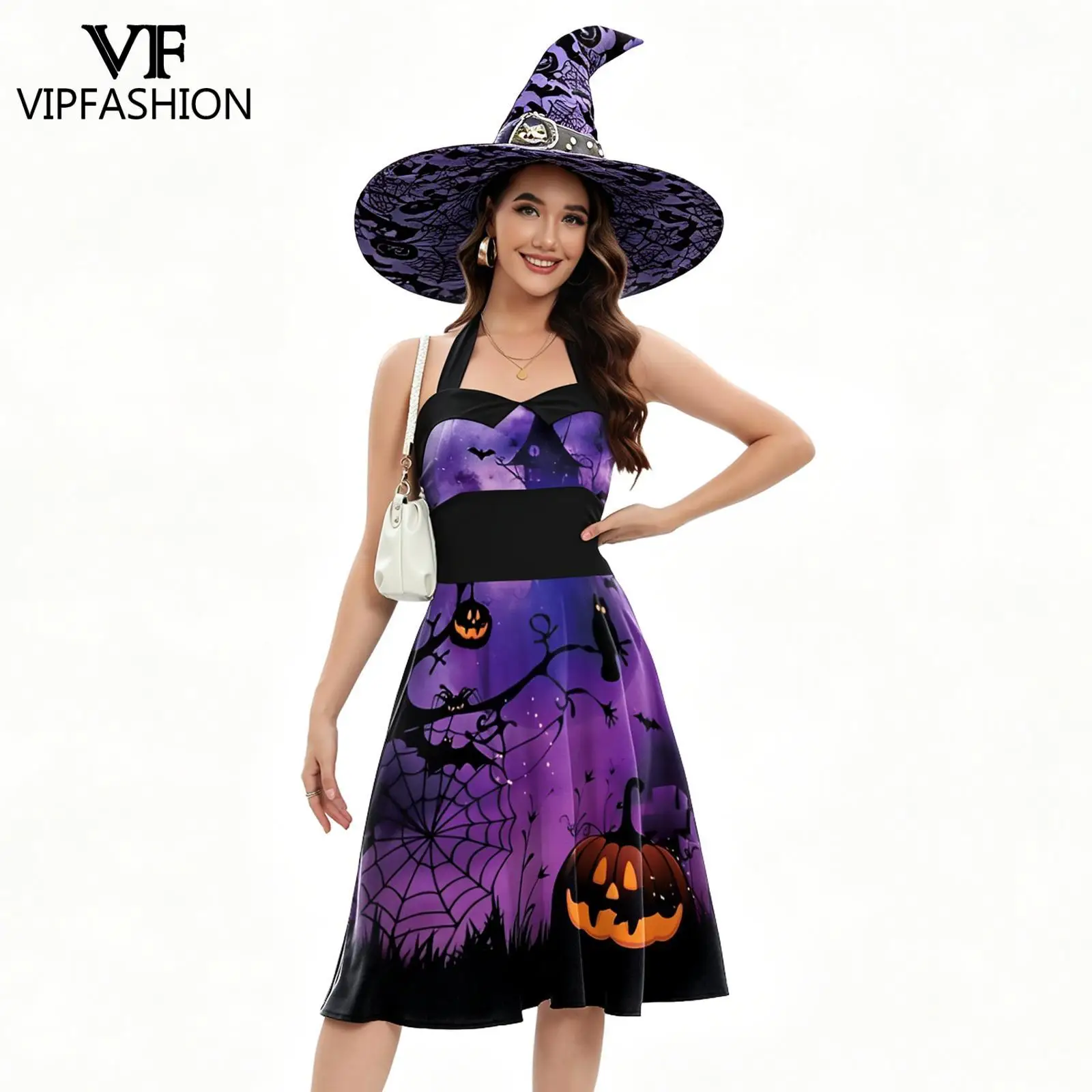 VIP FASHION Halloween Witch Dress for Women Purple Black Pumpkin Print Halter Neck Dress with Hat Themed Party Cosplay Costume
VIP FASHION Halloween Witch Dress for Women Purple Black Pumpkin Print Halter Neck Dress with Hat Themed Party Cosplay Costume