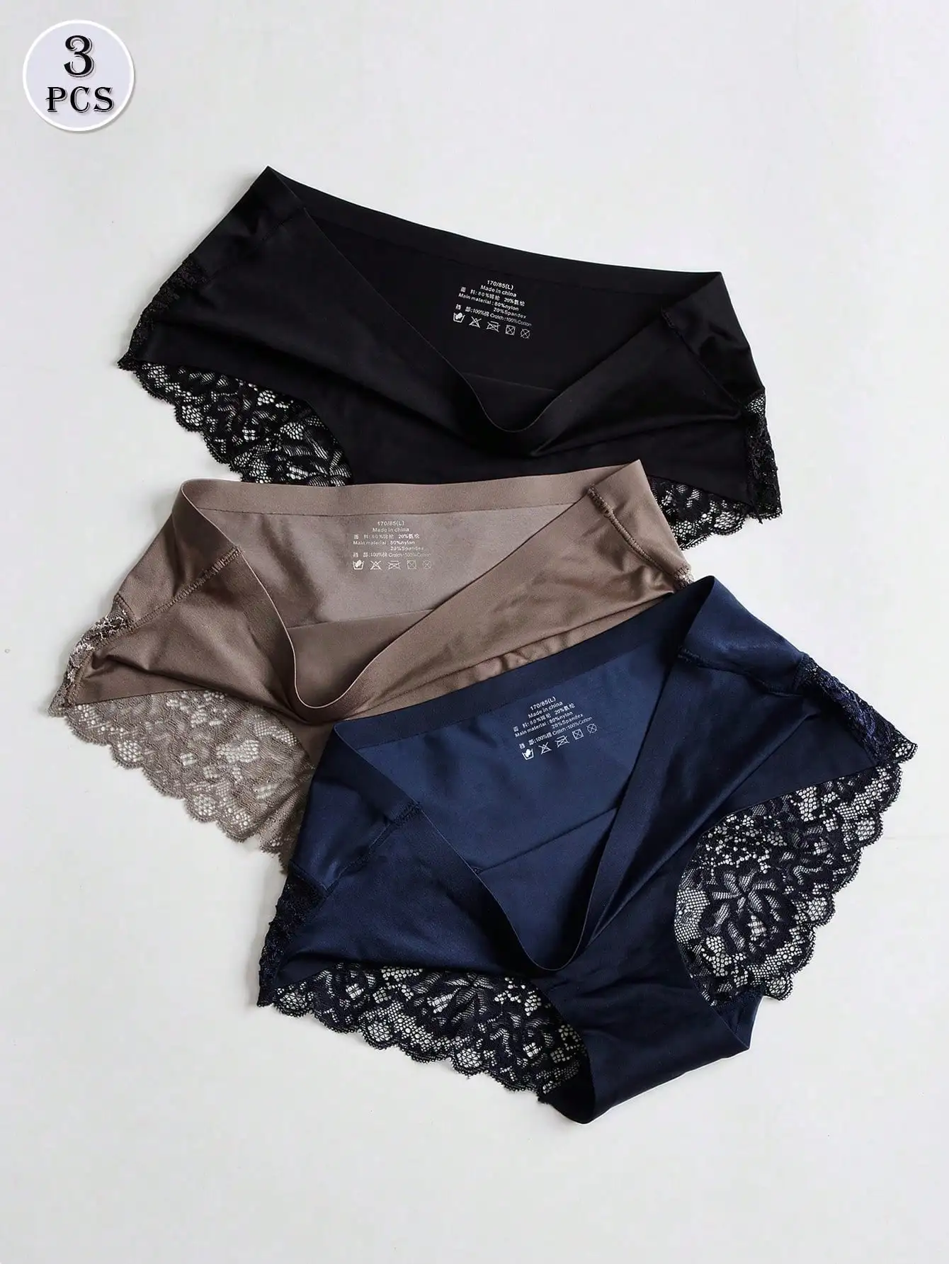3-Pack Women's Lace-Trimmed Satin Briefs in Black, Navy, Taupe
3-Pack Women's Lace-Trimmed Satin Briefs in Black, Navy, Taupe
