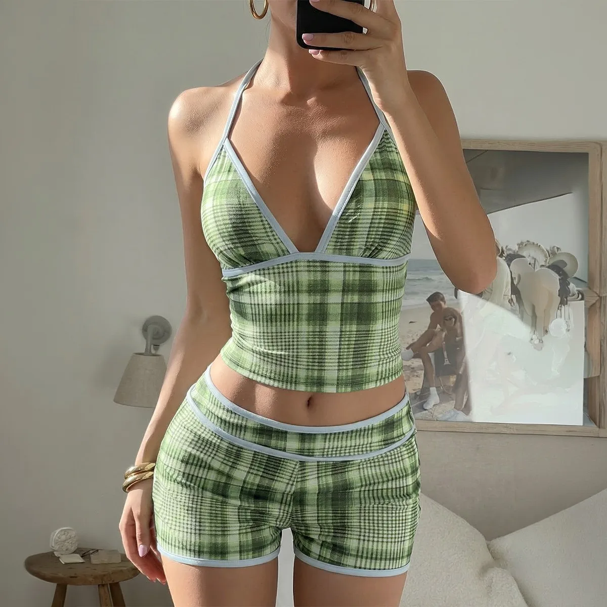 Women's 2-piece Set Shorts Y2k Plaid Short Pants High Waist Crop Top Summer Sleeveless Green And Black Beach Outfits Woman
Women's 2-piece Set Shorts Y2k Plaid Short Pants High Waist Crop Top Summer Sleeveless Green And Black Beach Outfits Woman