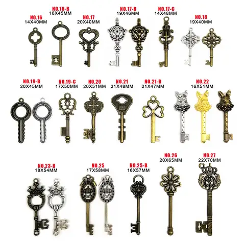 10pcs Old Looking Decorative Key for Steampunk Charms Pendant Jewelry Making DIY Metal Retro Red Antique Brass Vintage Silver