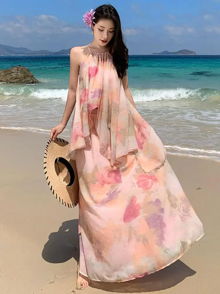 Summer Boho Two Pieces Set Women Pink Sleeveless Print Off Shoulder Irregular Pleated Halter Tops + High Waist Long Skirts Beach
Summer Boho Two Pieces Set Women Pink Sleeveless Print Off Shoulder Irregular Pleated Halter Tops + High Waist Long Skirts Beach