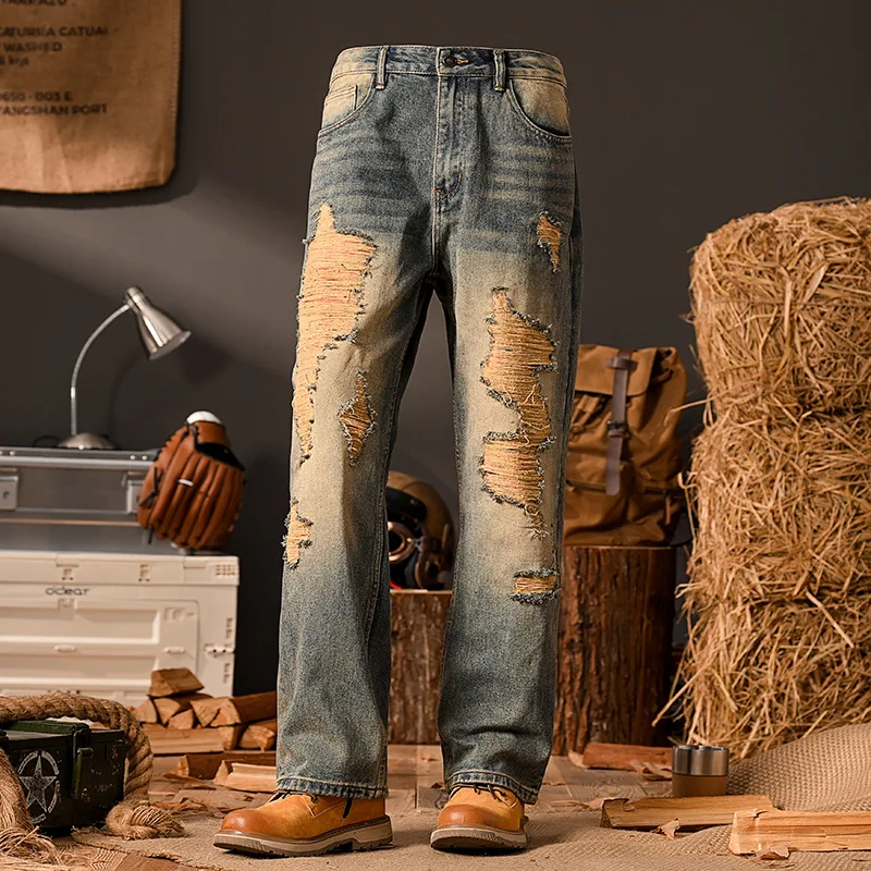 Retro ripped jeans for men, loose straight leg, trendy personality, rugged and stylish street fashion, high-end washed pants
Retro ripped jeans for men, loose straight leg, trendy personality, rugged and stylish street fashion, high-end washed pants
