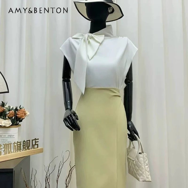 White Sleeveless Streamer Loose Bow Scarf Women's Shirt 2026 New Yellow-green Slimming Thin Temperament Long Skirt Suit Ladies
White Sleeveless Streamer Loose Bow Scarf Women's Shirt 2026 New Yellow-green Slimming Thin Temperament Long Skirt Suit Ladies