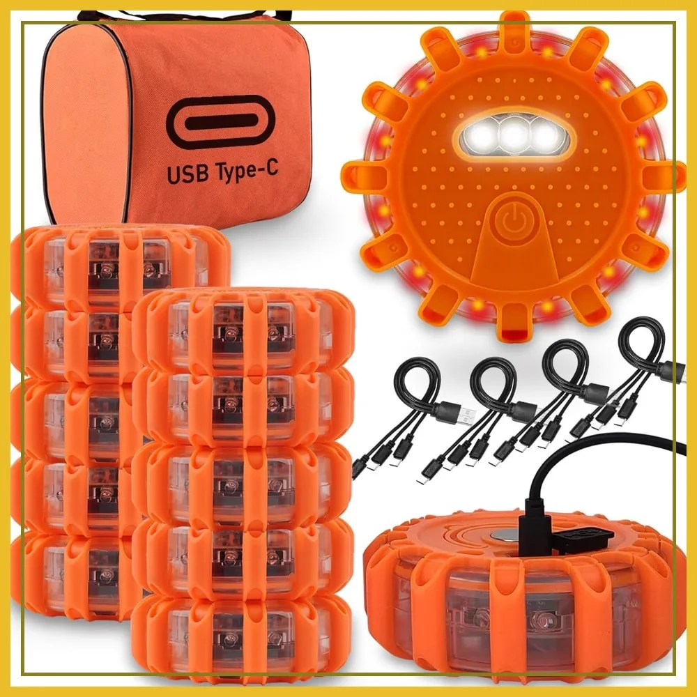 USB-C Rechargeable LED Road Flares Emergency Lights, Large Capacity Lithium Battery, 3-in-1 Cable Roadside Warning Car Safety Beacon Flashing Disc Flare Kit with Magnetic Base
USB-C Rechargeable LED Road Flares Emergency Lights, Large Capacity Lithium Battery, 3-in-1 Cable Roadside Warning Car Safety Beacon Flashing Disc Flare Kit with Magnetic Base