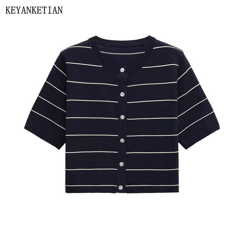 KEYANKETIAN Summer New Women's Horizontal Striped Short-sleeved Knitted Top Leisure style Single Breasted Thin Knit Crop Top
KEYANKETIAN Summer New Women's Horizontal Striped Short-sleeved Knitted Top Leisure style Single Breasted Thin Knit Crop Top