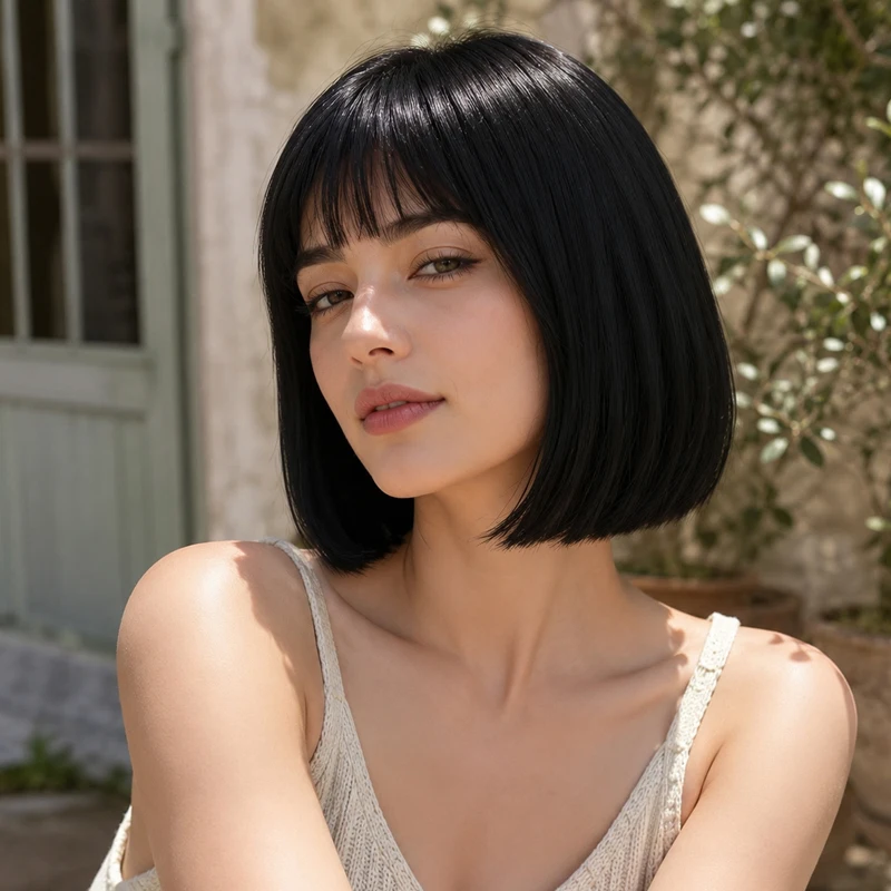 Black synthetic wig for women, 12 inches, with bangs, smooth and shiny, suitable for commuting and everyday wear.
Black synthetic wig for women, 12 inches, with bangs, smooth and shiny, suitable for commuting and everyday wear.