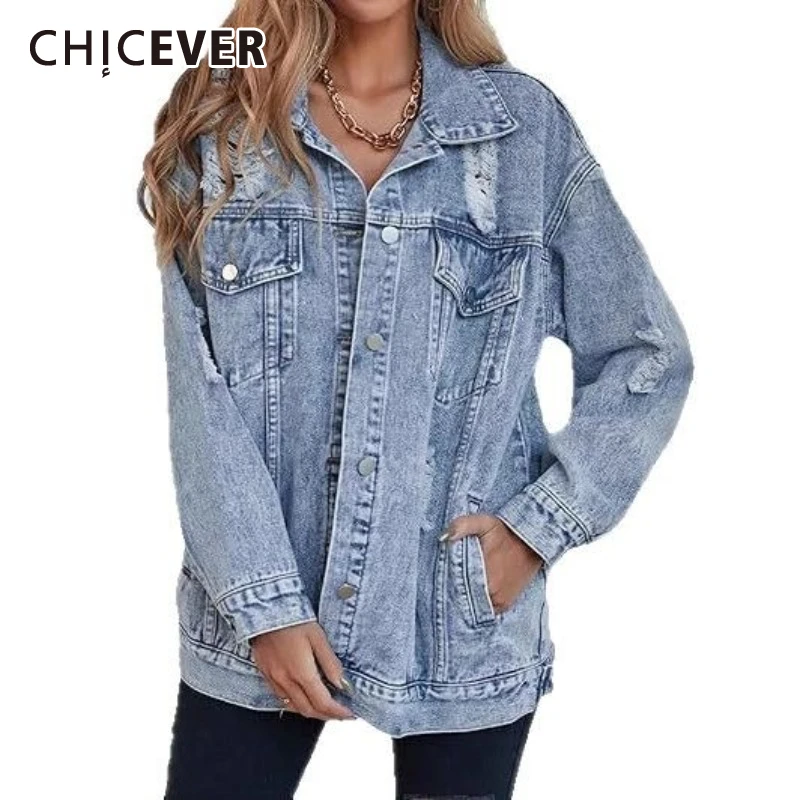 CHICEVER Basics, модное рваное джинсовое пальто в стиле пэчворк для женщин, стильные куртки большого размера с лацканами и длинными рукавами, женские весенние новые куртки
CHICEVER Basics, модное рваное джинсовое пальто в стиле пэчворк для женщин, стильные куртки большого размера с лацканами и длинными рукавами, женские весенние новые куртки