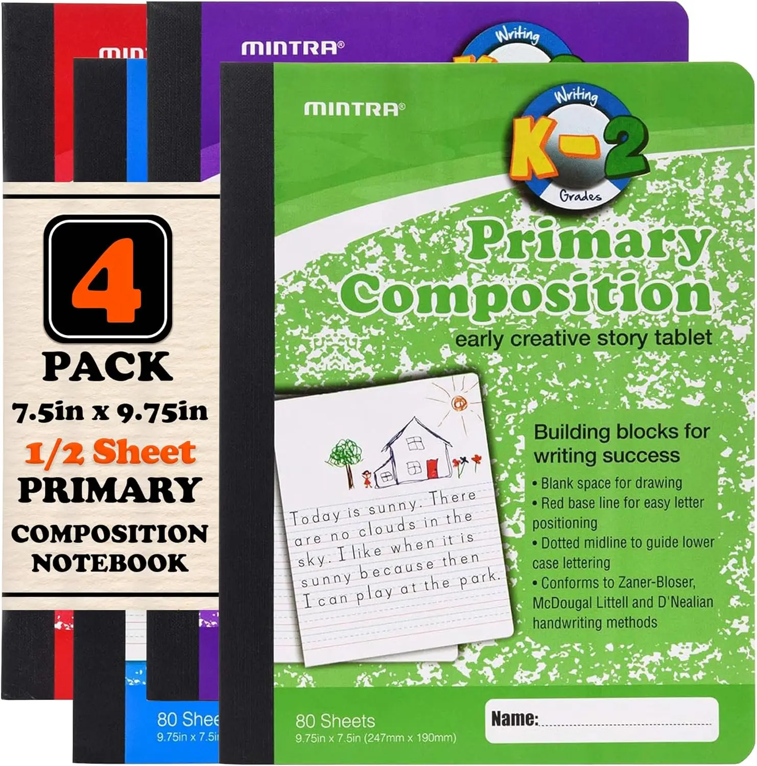 Primary Composition Notebook, 4 Pack, Assorted Colors, 80 Sheets, 7.5x9.75in, Half Ruled with Drawing Space, Flexible Hardcover, Grades K-2
Primary Composition Notebook, 4 Pack, Assorted Colors, 80 Sheets, 7.5x9.75in, Half Ruled with Drawing Space, Flexible Hardcover, Grades K-2
