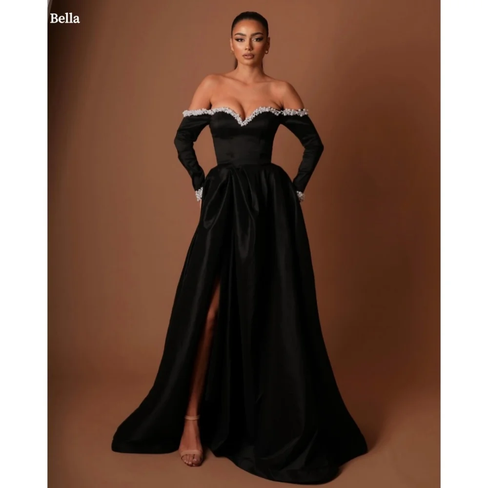 Bella Customized Black One Shoulder Beaded Strapless robes de soirée Side Slit Evening Dresses Long Sleeves Wedding Dress 2025
Bella Customized Black One Shoulder Beaded Strapless robes de soirée Side Slit Evening Dresses Long Sleeves Wedding Dress 2025