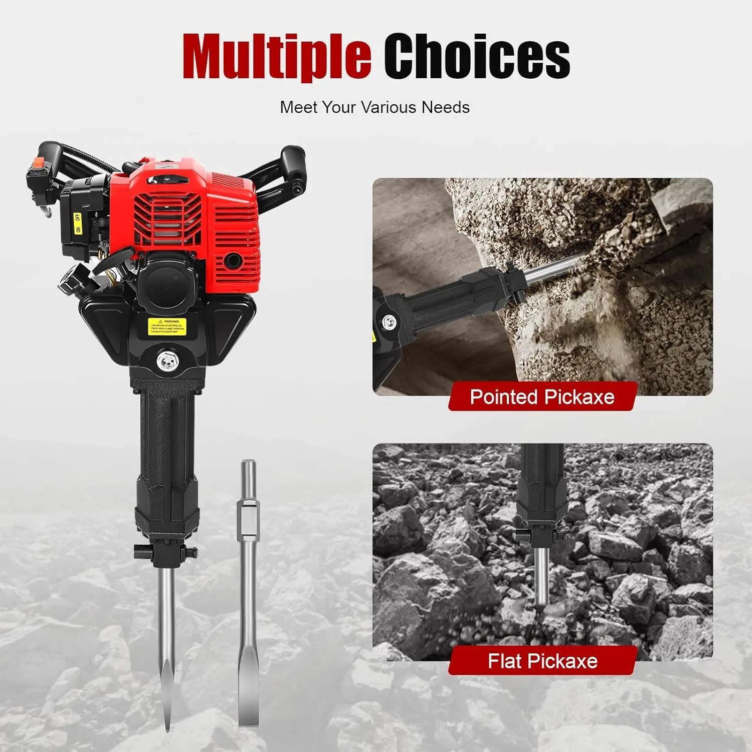 52CC 2-Stroke Gas Powered Demolition Jack Hammer, Punch Drill 55J with 2 Pickaxec for Concrete or Sonstruction Sites 6500RPM
52CC 2-Stroke Gas Powered Demolition Jack Hammer, Punch Drill 55J with 2 Pickaxec for Concrete or Sonstruction Sites 6500RPM