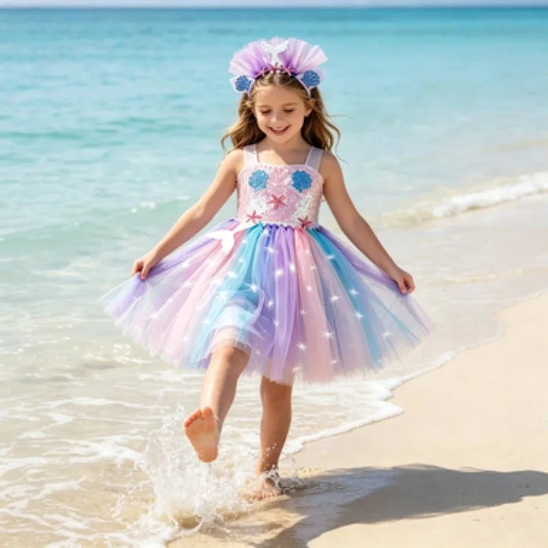 Girls' party dress with LED lights,tulle tutu skirt decorated with starfish and shell patterns,Halloween stage performance dress
Girls' party dress with LED lights,tulle tutu skirt decorated with starfish and shell patterns,Halloween stage performance dress