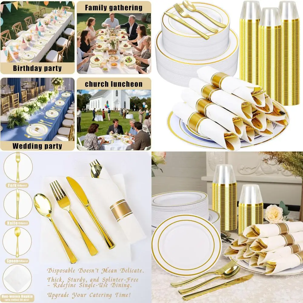 Elegant Gold Disposable Dinnerware Set for 50, Includes 100 Plates, 50 Napkins, Cups, Cutlery for Special Events
Elegant Gold Disposable Dinnerware Set for 50, Includes 100 Plates, 50 Napkins, Cups, Cutlery for Special Events