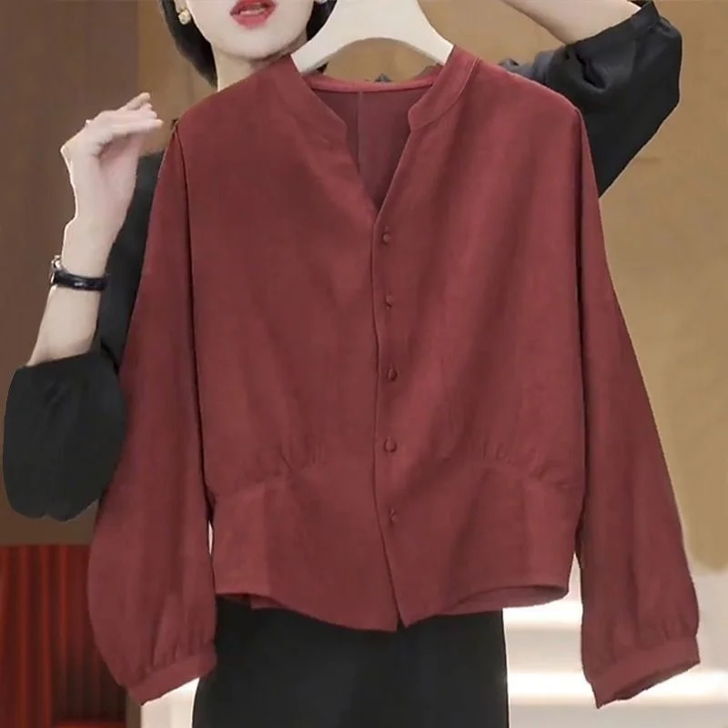 Elegant Red Slimming Women's Shirt Casual Loose Belly Covering Fashionable Early Autumn New Style V-neck Long Sleeve Button-up
Elegant Red Slimming Women's Shirt Casual Loose Belly Covering Fashionable Early Autumn New Style V-neck Long Sleeve Button-up