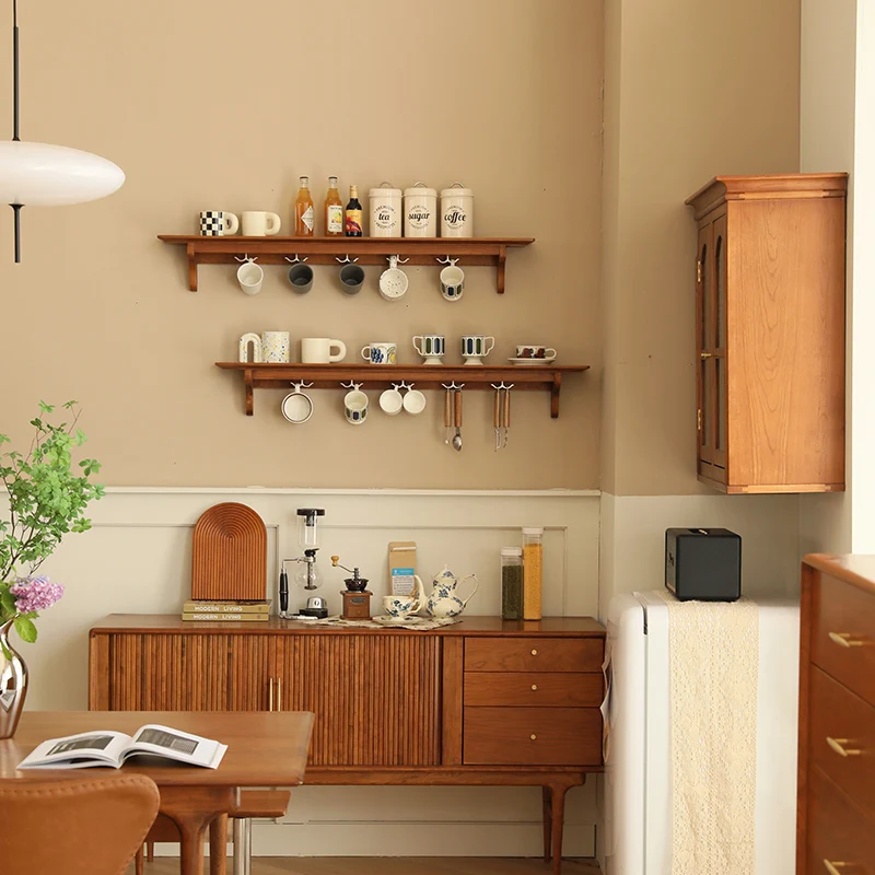 Vintage Cherry Wood Wall Storage Shelf Rustic Kitchen Organizer with Cup Hooks Floating Display Rack for Dining Room Decor
Vintage Cherry Wood Wall Storage Shelf Rustic Kitchen Organizer with Cup Hooks Floating Display Rack for Dining Room Decor