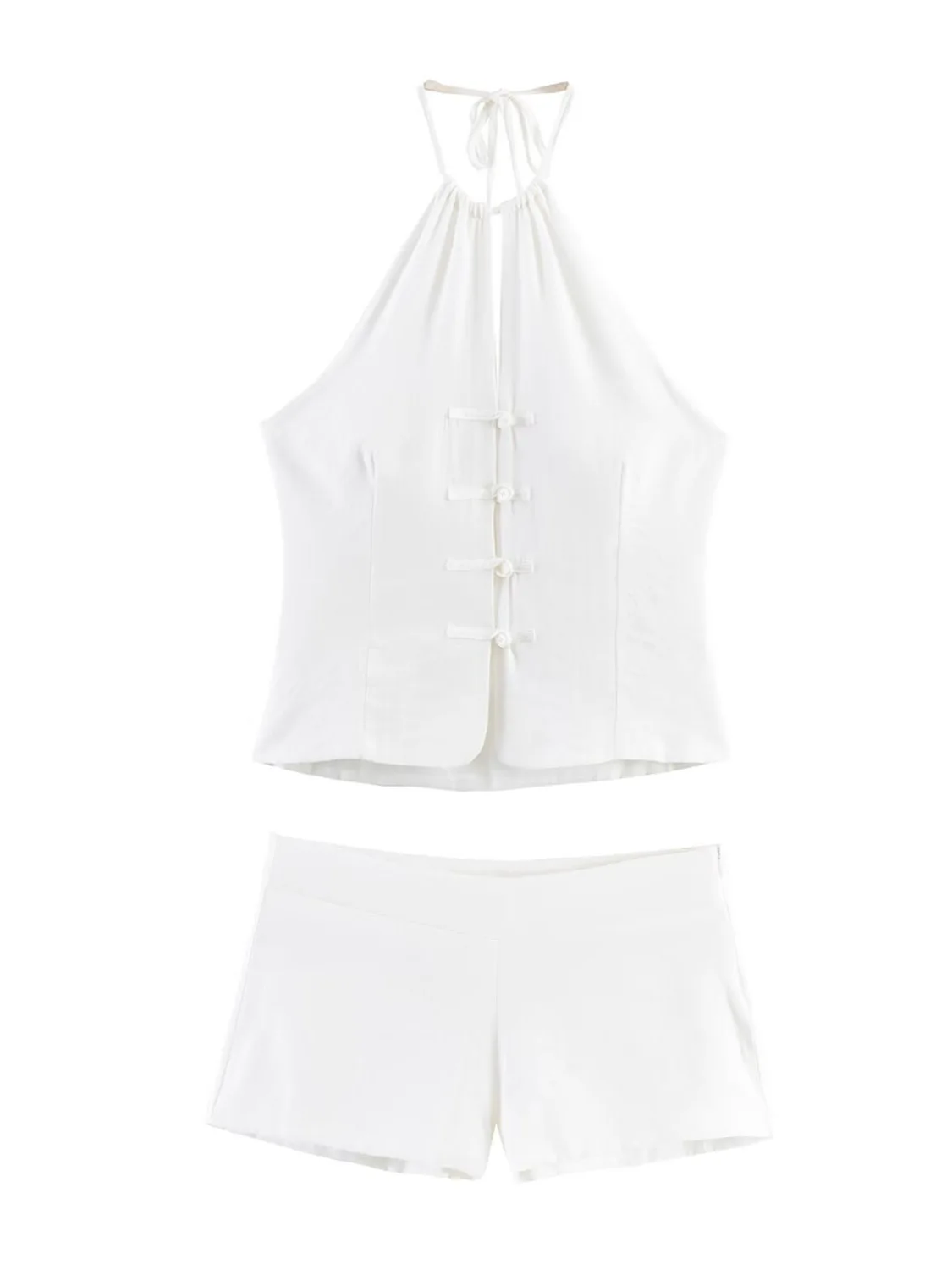 Dave&di Buckle Decoration Hanging Neck Collar Top Shorts Set New Two Piece Set Women's Suit Ropa Mujer
Dave&di Buckle Decoration Hanging Neck Collar Top Shorts Set New Two Piece Set Women's Suit Ropa Mujer