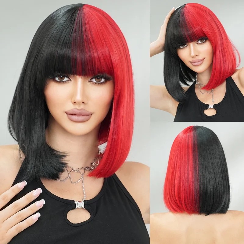 black half red bob short straight hair with bangs, Halloween party streetwear wig
black half red bob short straight hair with bangs, Halloween party streetwear wig