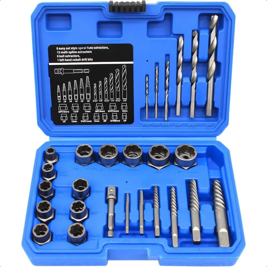Screw Extractor Set 26 Pieces Bolt Extractor Kit Left Hand Drill Bit Kit Easy Out Bolt Extractor Set with Hex Adapter for Broke
Screw Extractor Set 26 Pieces Bolt Extractor Kit Left Hand Drill Bit Kit Easy Out Bolt Extractor Set with Hex Adapter for Broke
