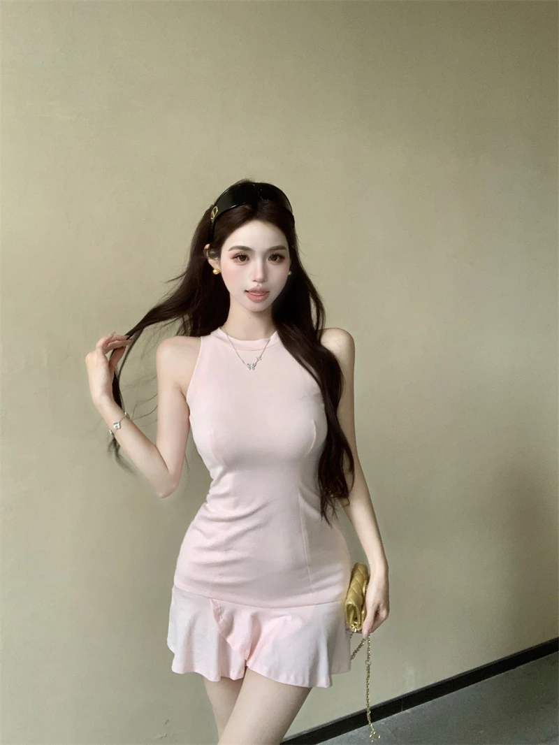 Pure Sexy Pink Sleeveless Dress Women's Summer O-neck Tight Fit Wrap Hip Short Dress Fashion Female Clothes
Pure Sexy Pink Sleeveless Dress Women's Summer O-neck Tight Fit Wrap Hip Short Dress Fashion Female Clothes