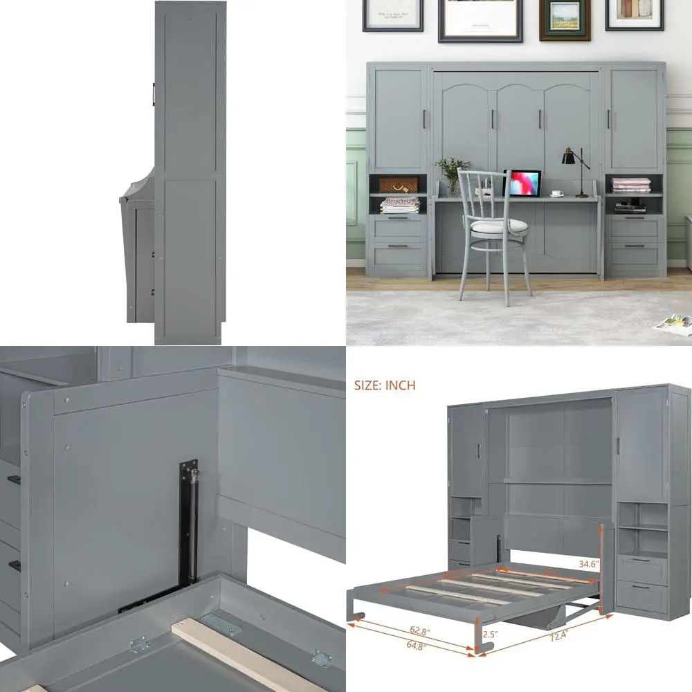 Настенная кровать размера Queen с шкафом, гардеробом, письменным столом, местом для хранения и полками - серая
Настенная кровать размера Queen с шкафом, гардеробом, письменным столом, местом для хранения и полками - серая